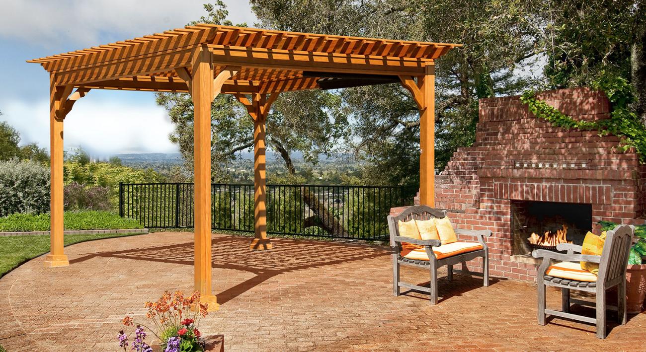 Bedford style wood pergola with Redwood Stain and optional Easy Roll Solar Shades